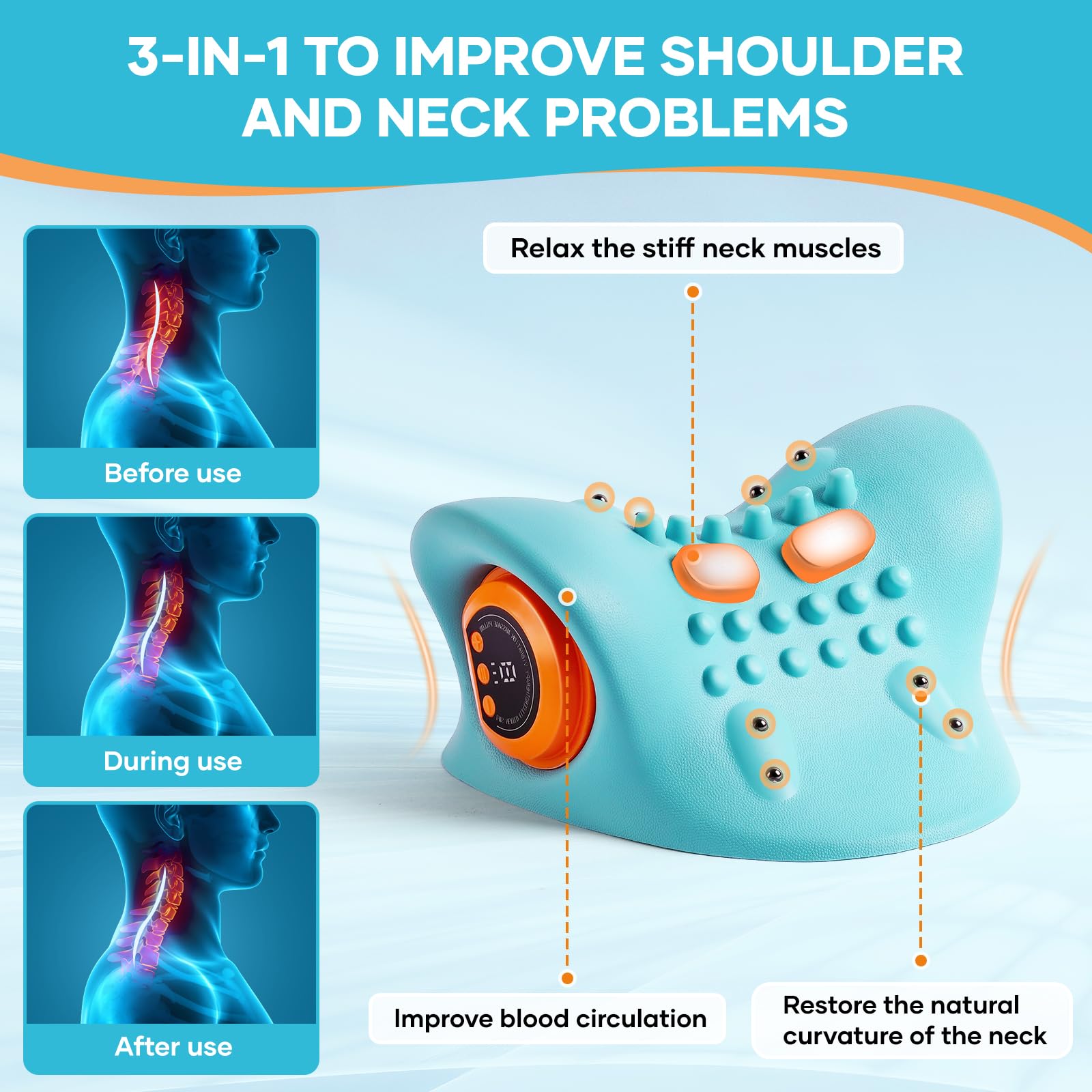 Midivente neck massager pillow ergonomic curve supports comfortable fit.