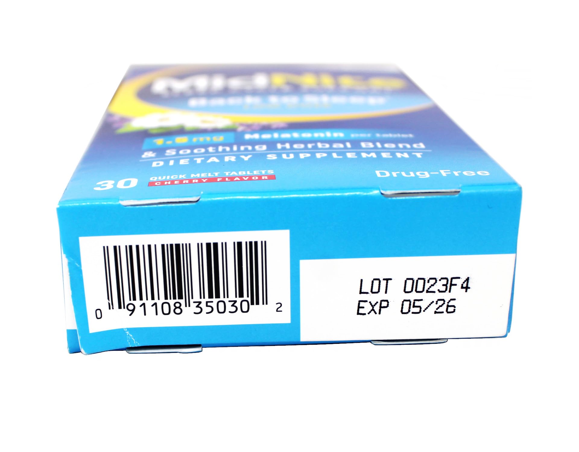Close-up of a cherry-flavored MidNite chewable tablet showing easy-to-use format.