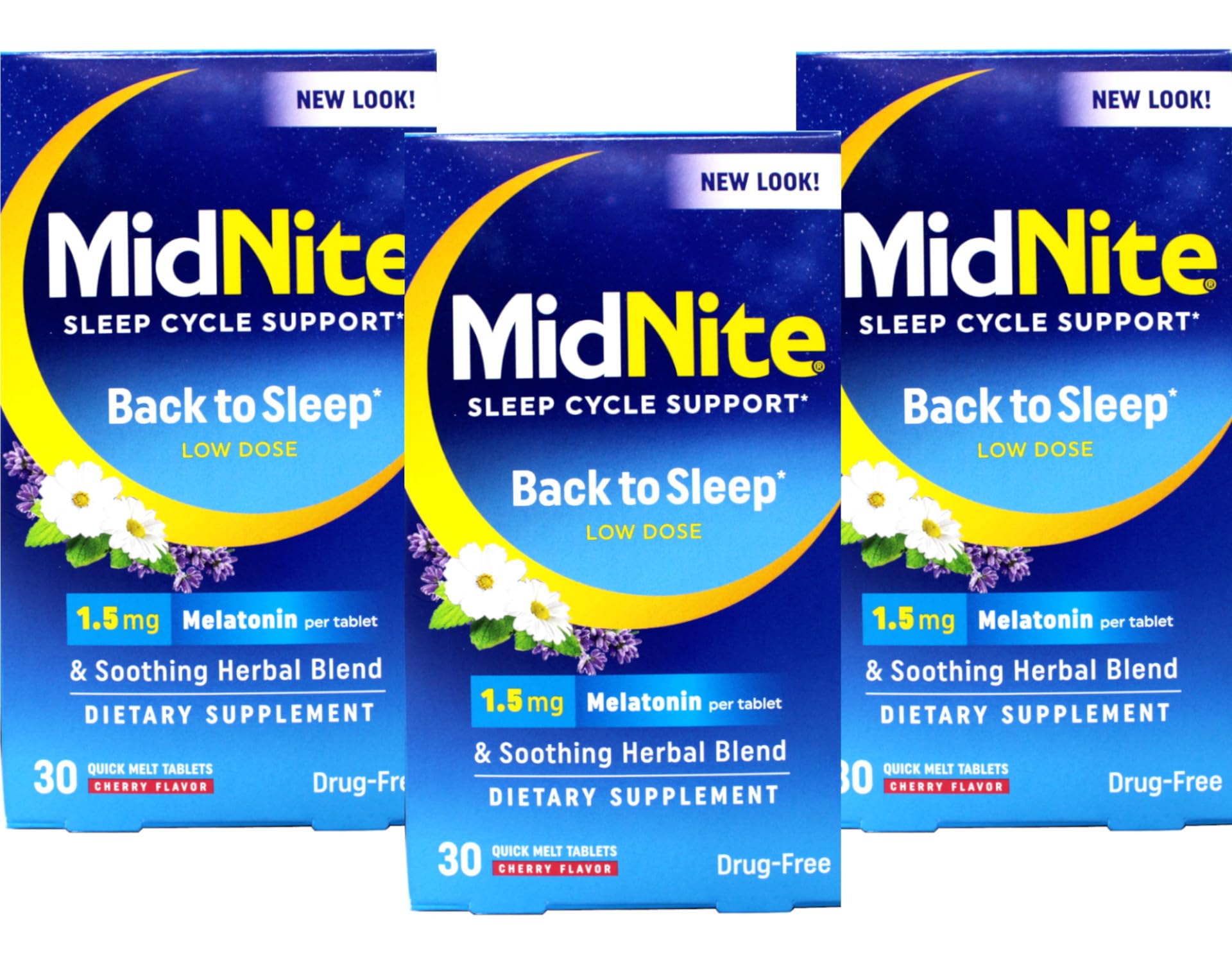 MidNite Sleep cherry chewables in a triple-pack for occasional sleeplessness.