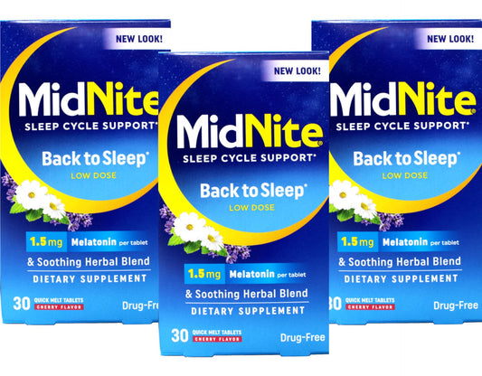 MidNite Sleep cherry chewables in a triple-pack for occasional sleeplessness.