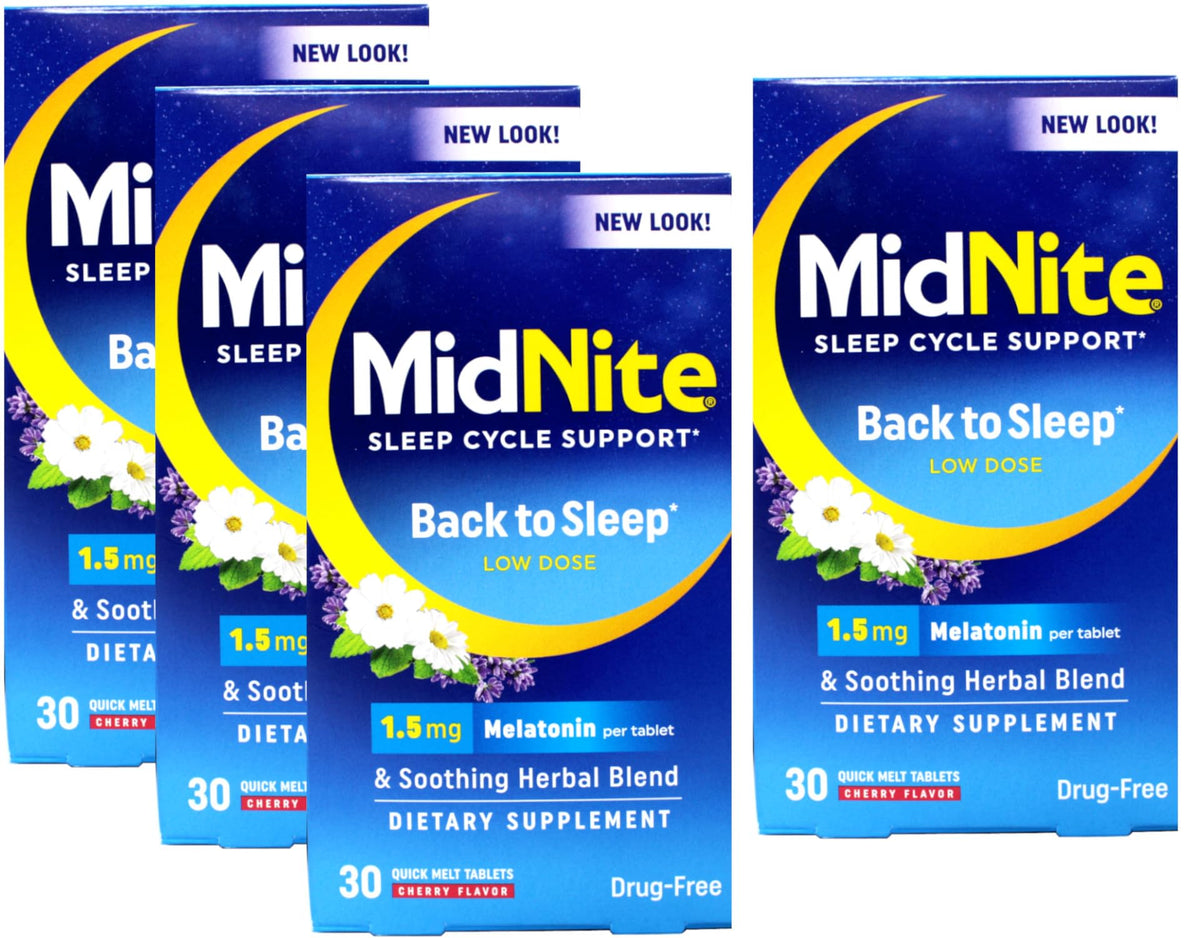 MidNite Sleep Cycle bottle with cherry melts promotes easy nightly rest.