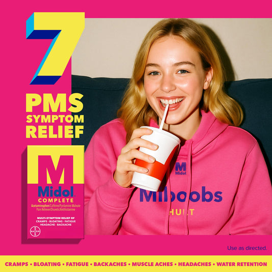 Midol Complete bottle of caplets ready for on-the-go cramps support