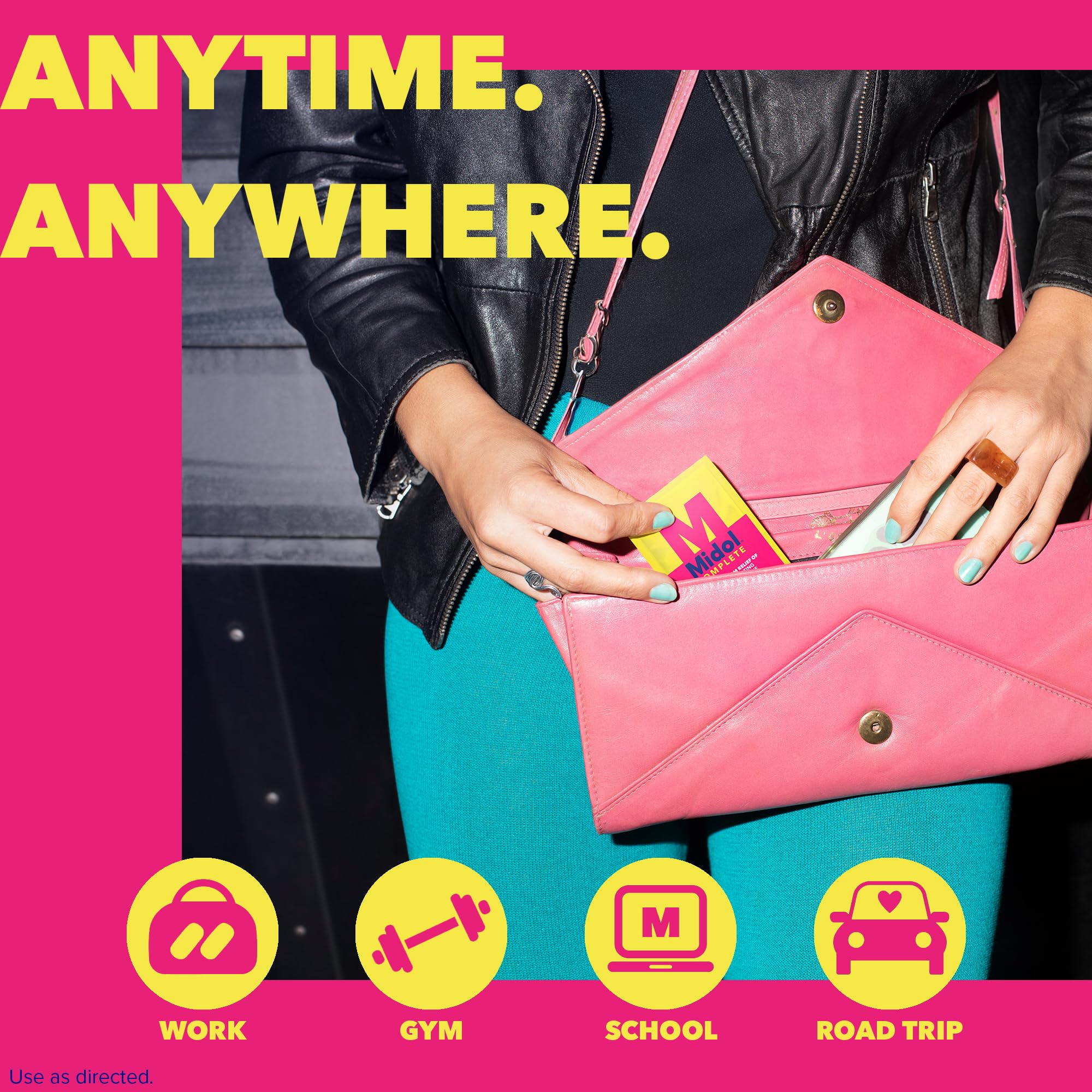 Midol Complete caplets arranged for daily use and on-the-go relief