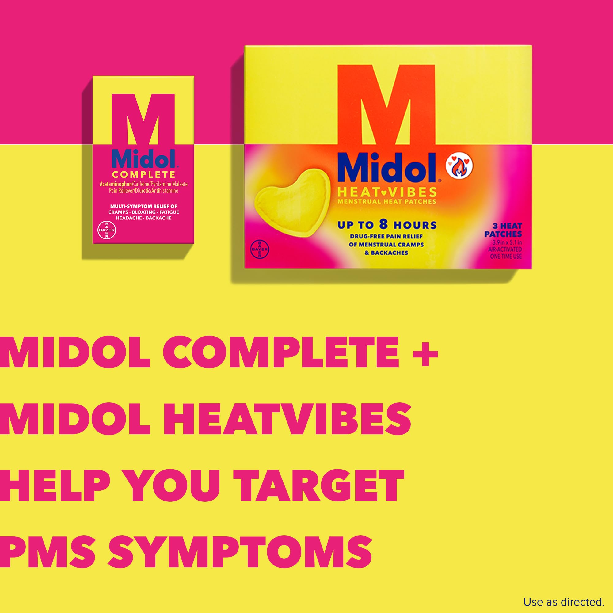 Midol Complete caplets with a glass of water illustrating dosing every six hours