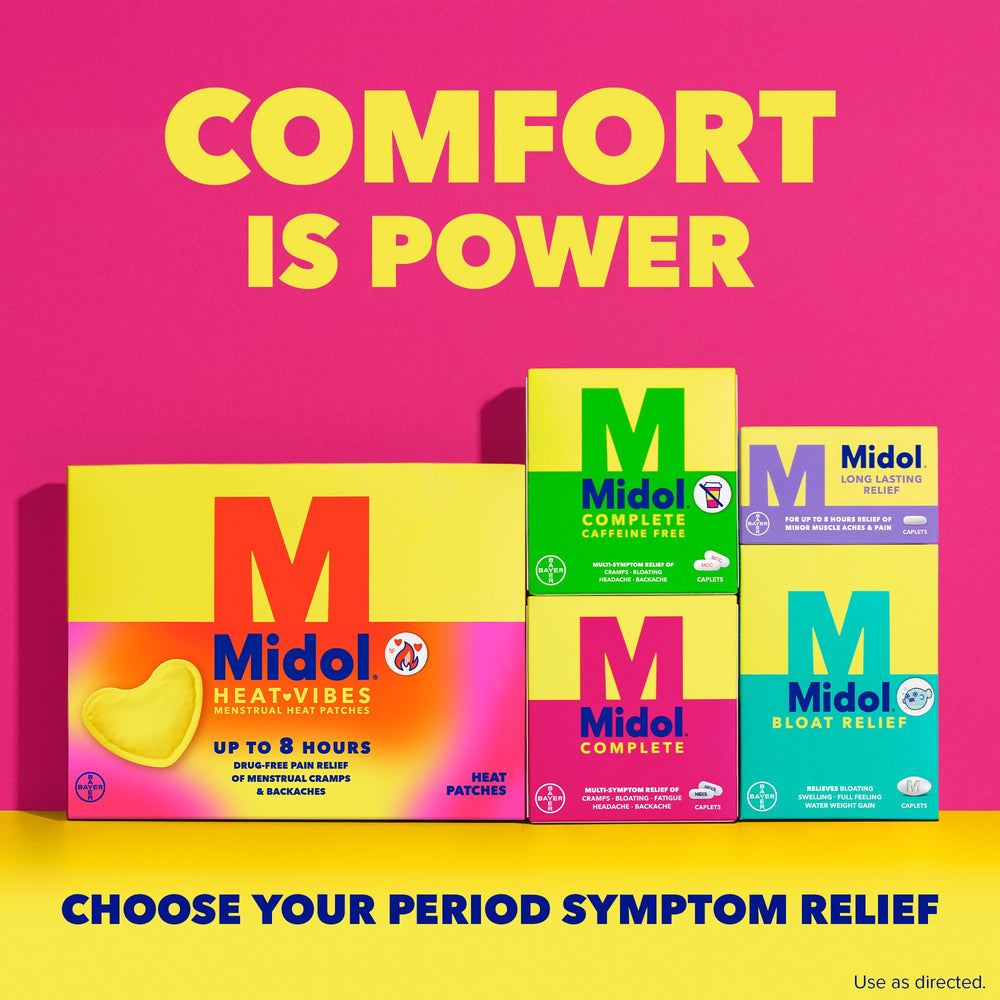 Midol Complete packaging highlights caffeine and pyrilamine for fatigue relief