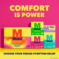 Midol Complete packaging highlights caffeine and pyrilamine for fatigue relief