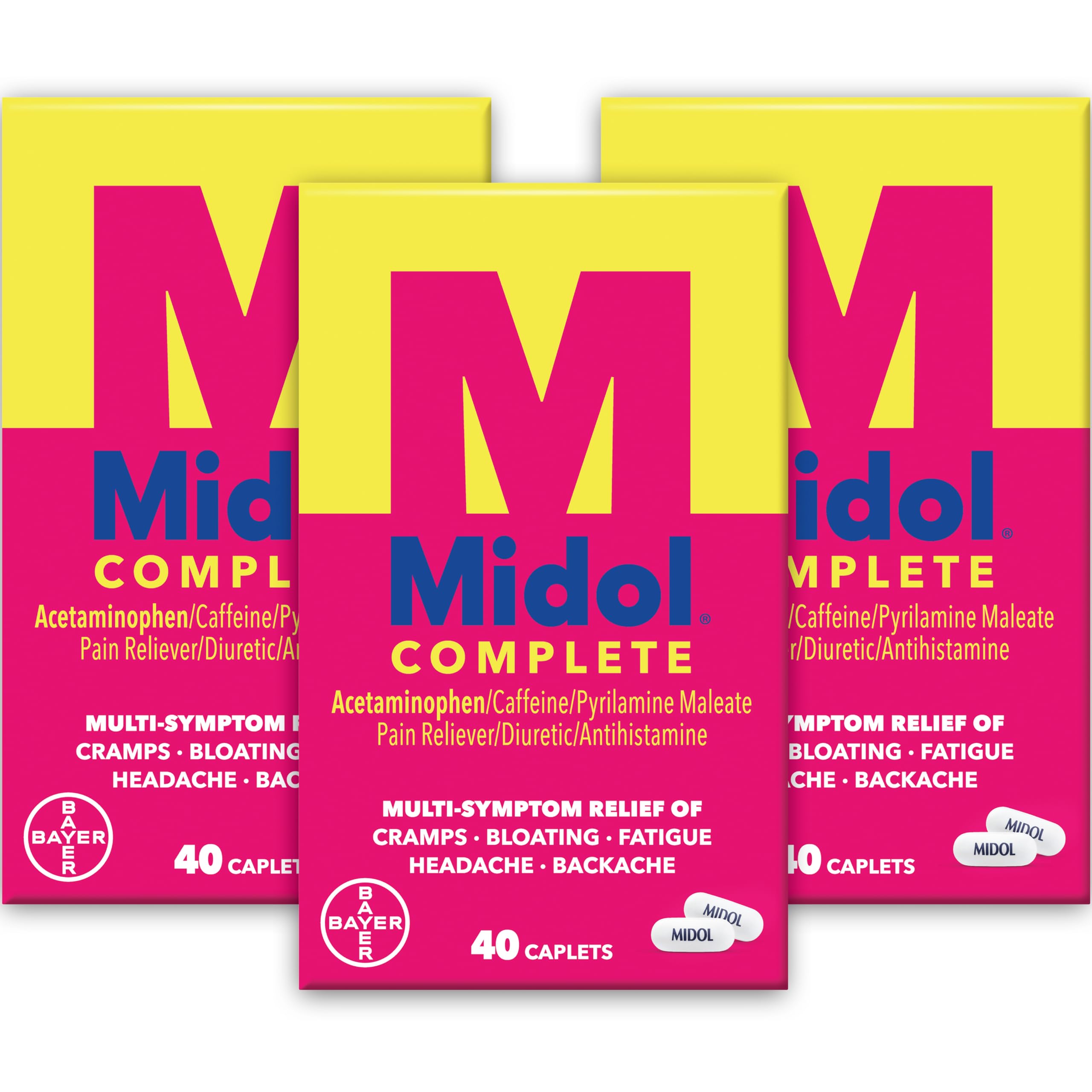 Midol Complete outer packaging showing three 40-count boxes for menstrual relief