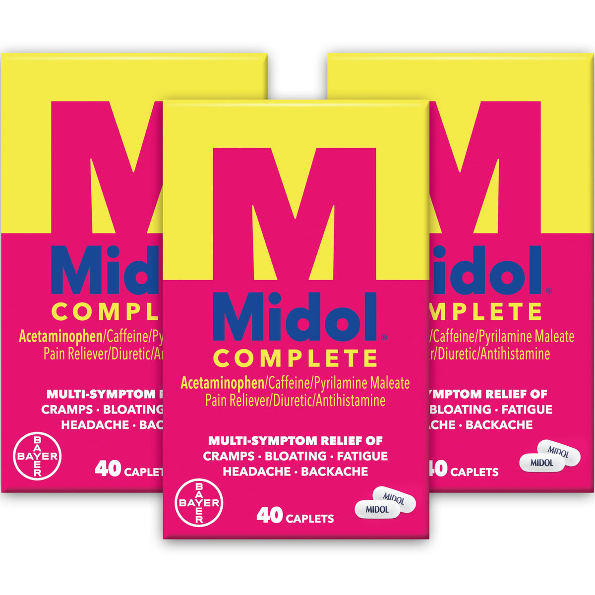 Midol Complete outer packaging showing three 40-count boxes for menstrual relief