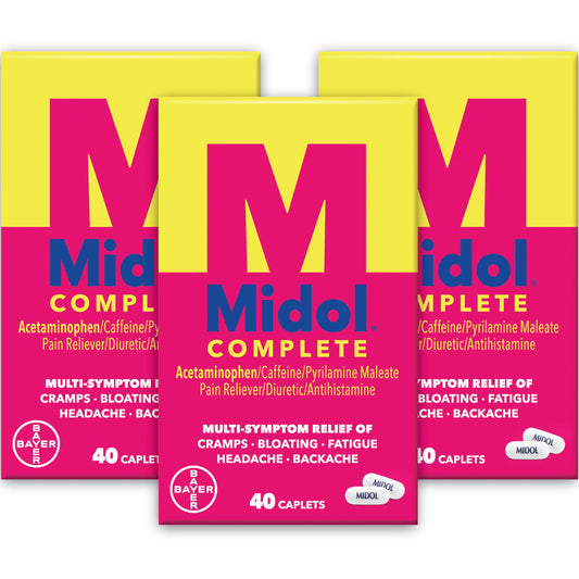 Midol Complete outer packaging showing three 40-count boxes for menstrual relief