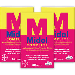 Midol Complete outer packaging showing three 40-count boxes for menstrual relief