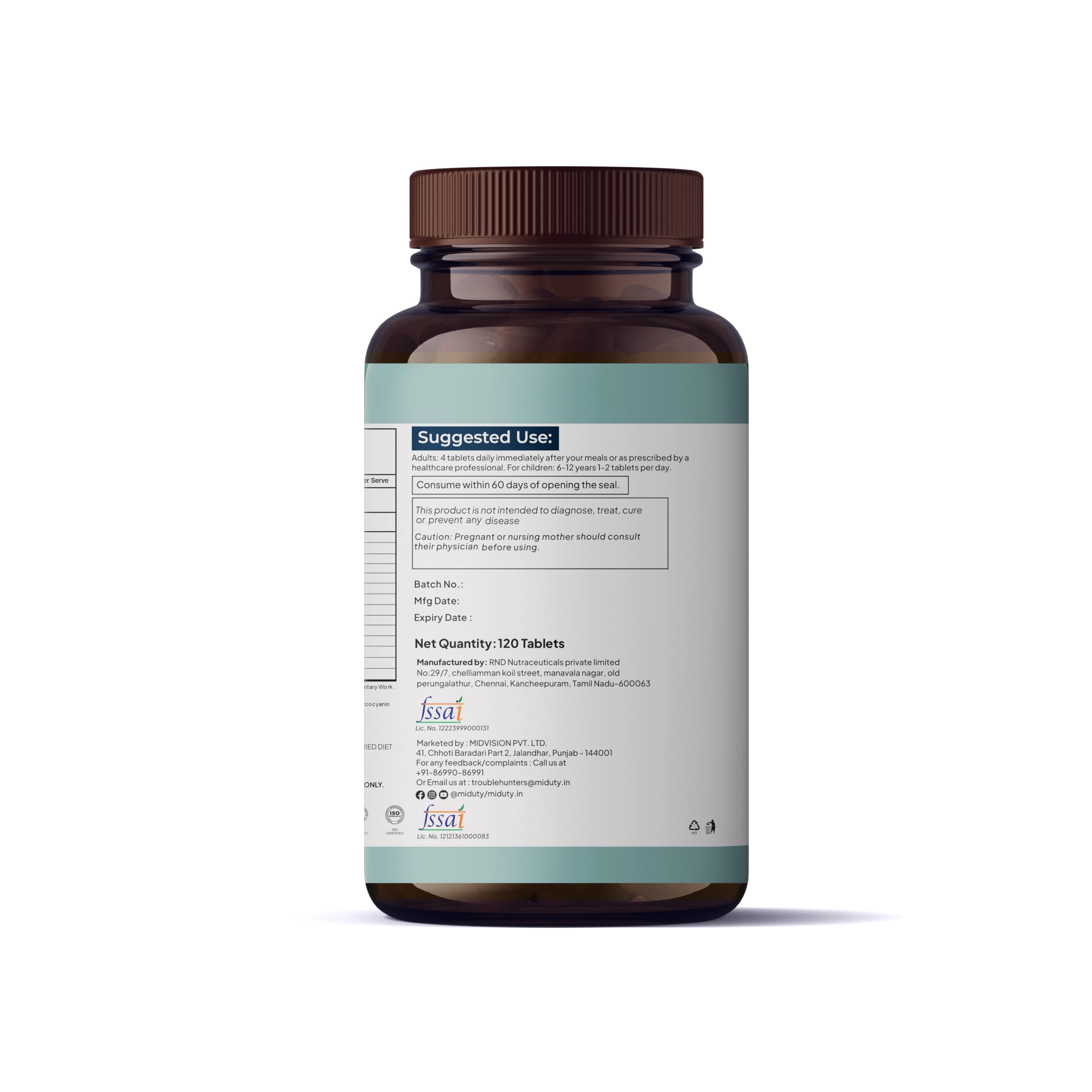 Phycocyanin coated spirulina tablets by Miduty improve swallowing ease.