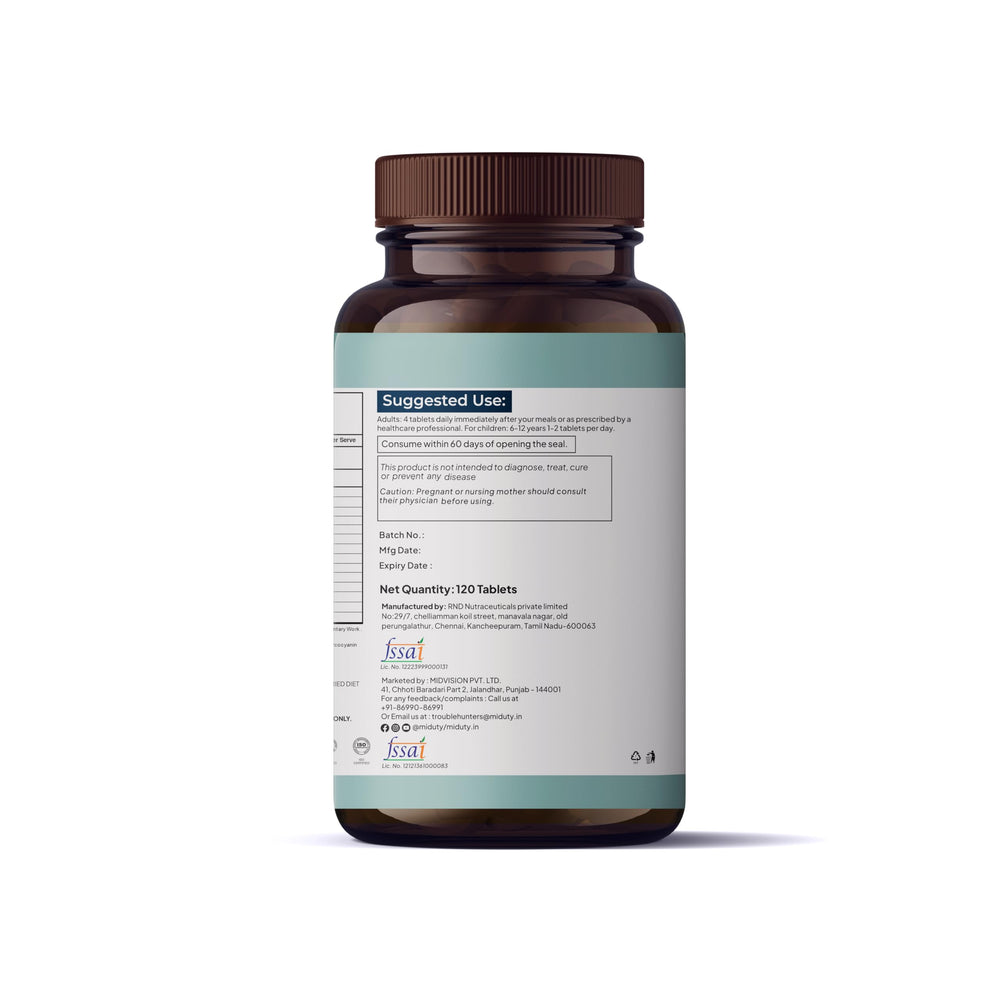 Phycocyanin coated spirulina tablets by Miduty improve swallowing ease.