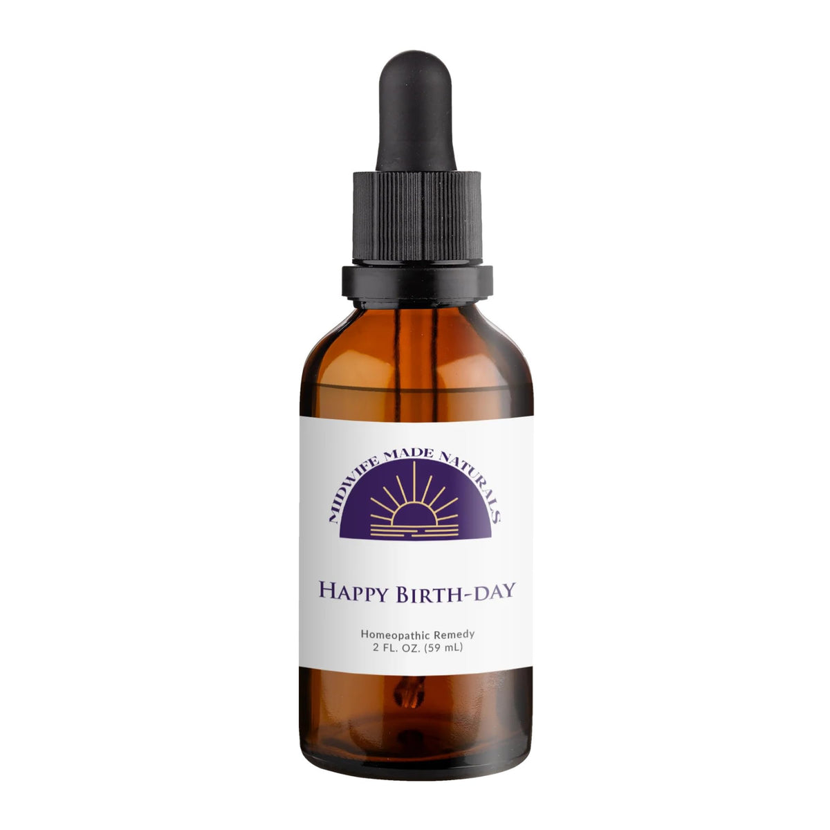 Midwife Made Naturals Happy Birth-Day bottle close-up showing natural, non-GMO drops for pregnancy preparation.