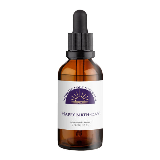 Midwife Made Naturals Happy Birth-Day bottle close-up showing natural, non-GMO drops for pregnancy preparation.