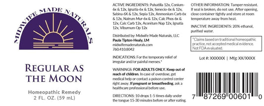 Midwife Made Naturals Regular as The Moon drops for gentle monthly use.
