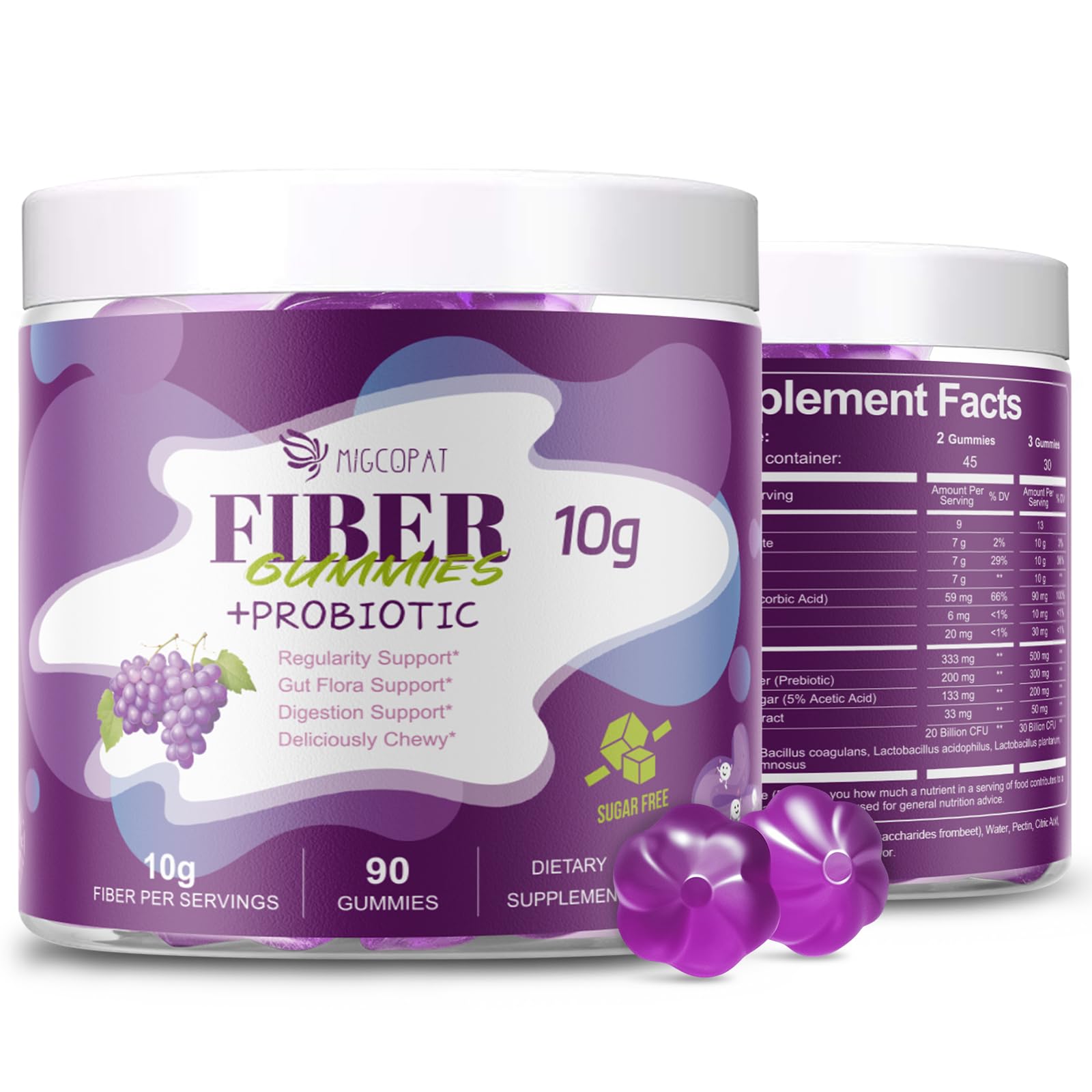 Migcopat 10G Fiber Gummies bottle shows daily fiber support and vegan formula.