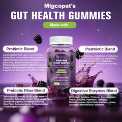 Migcopat bottle label highlights 120B CFU probiotics for gut balance.