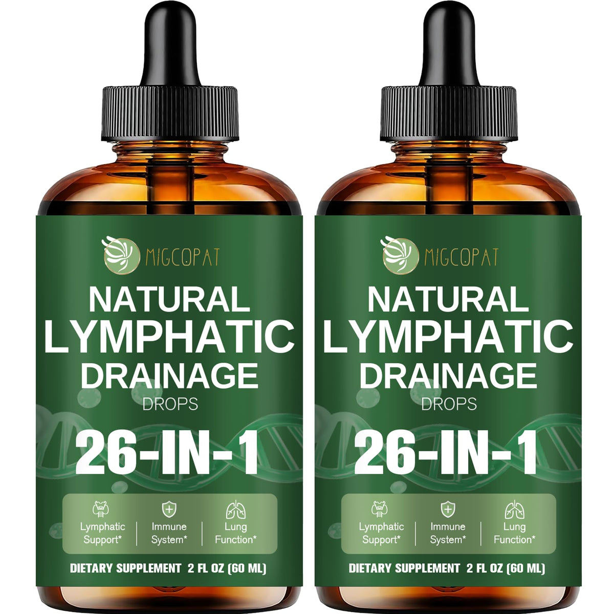 Migcopat 26-in-1 liposomal drops bottle showing detox and immune support benefits.