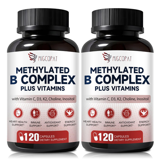 Migcopat bottle front shows high-potency methylated B complex for daily energy.
