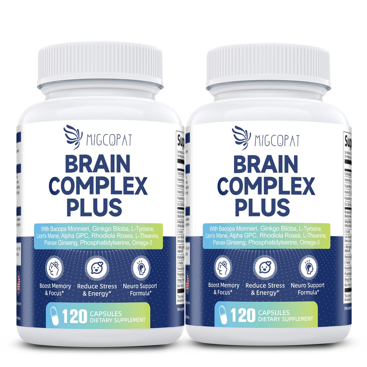 Migcopat brain supplement bottle front shows premium nootropic formula for memory and focus.