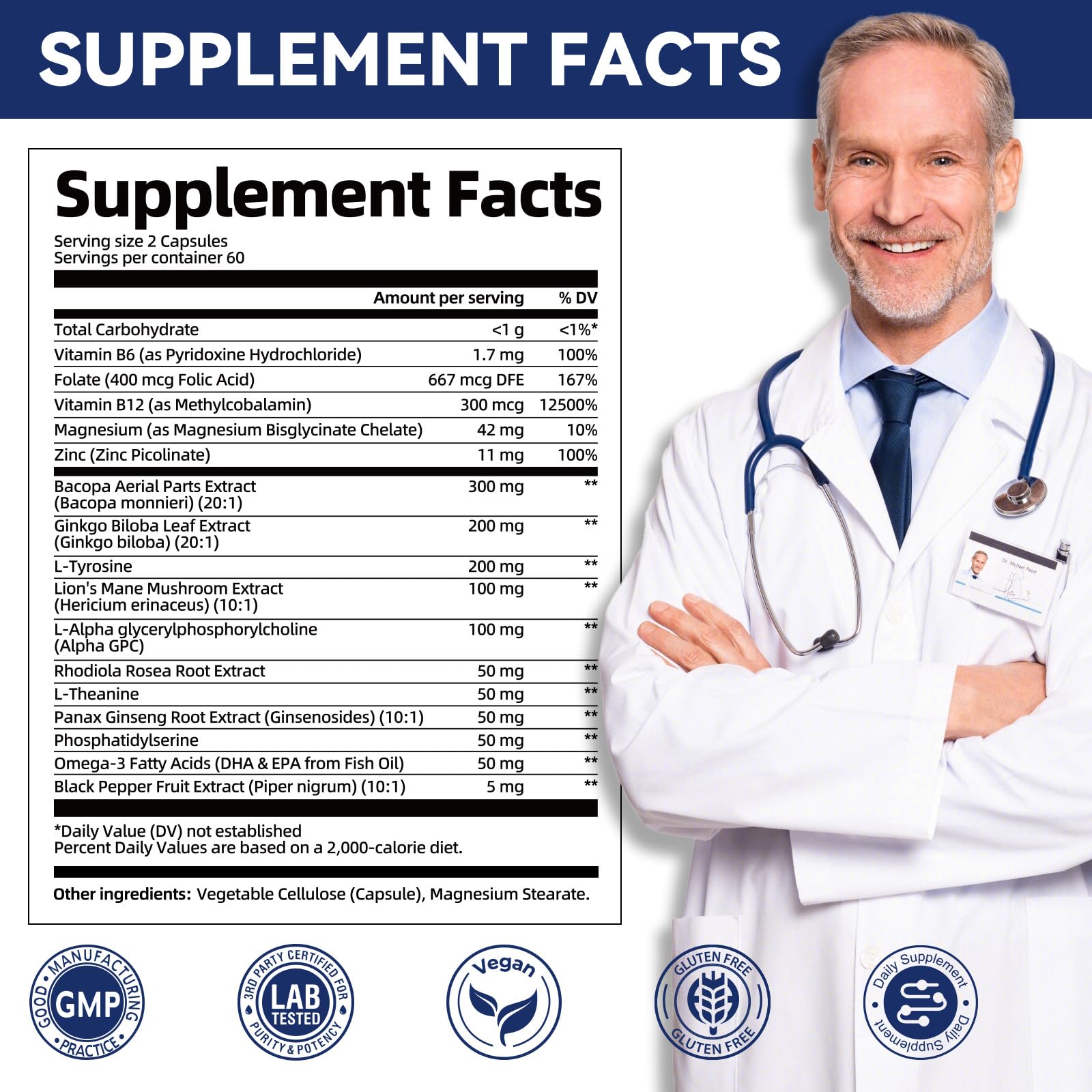 Migcopat bottle side displays label with a 15-ingredient blend for cognitive health.