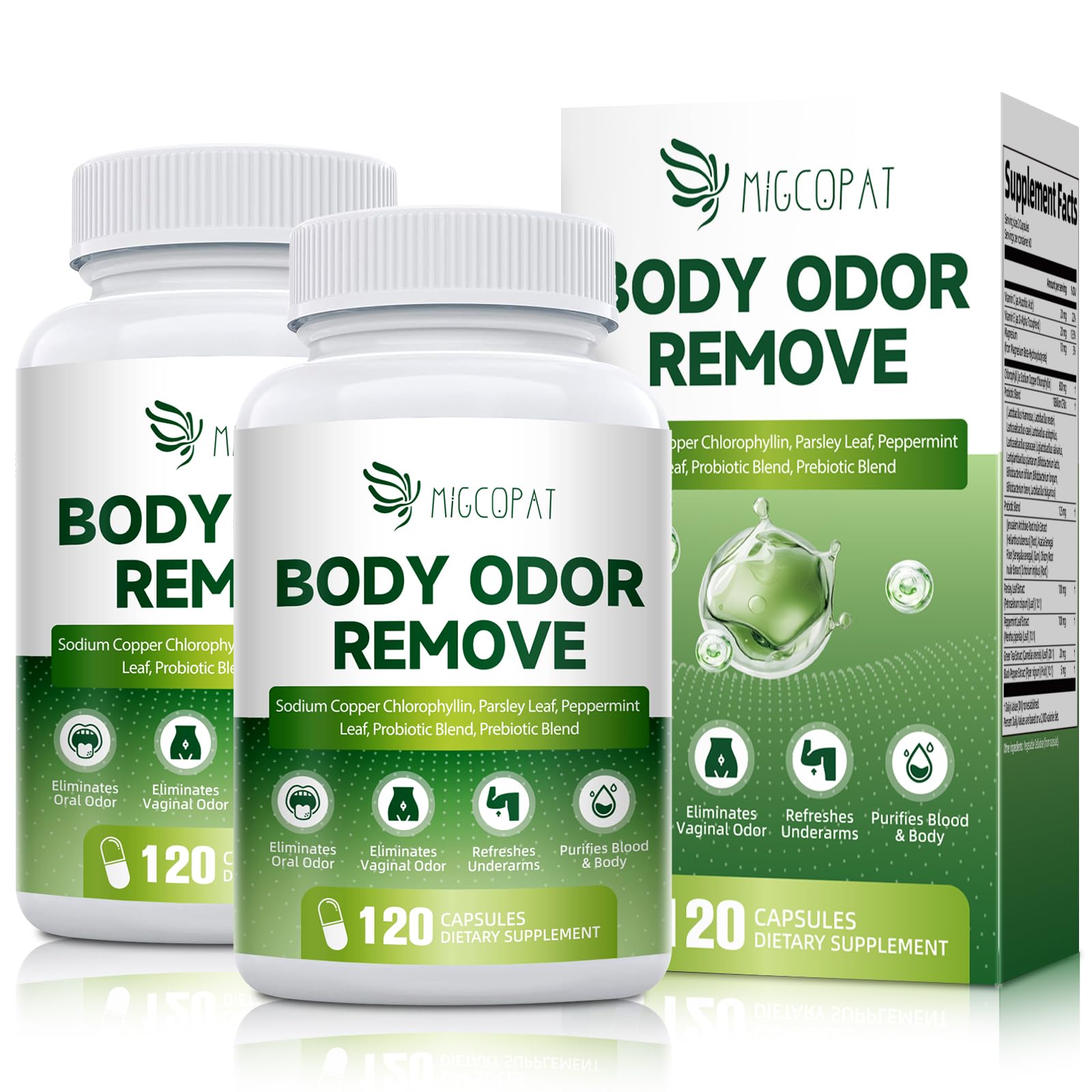 Migcopat chlorophyll body deodorizing supplement bottle promotes daily freshness.