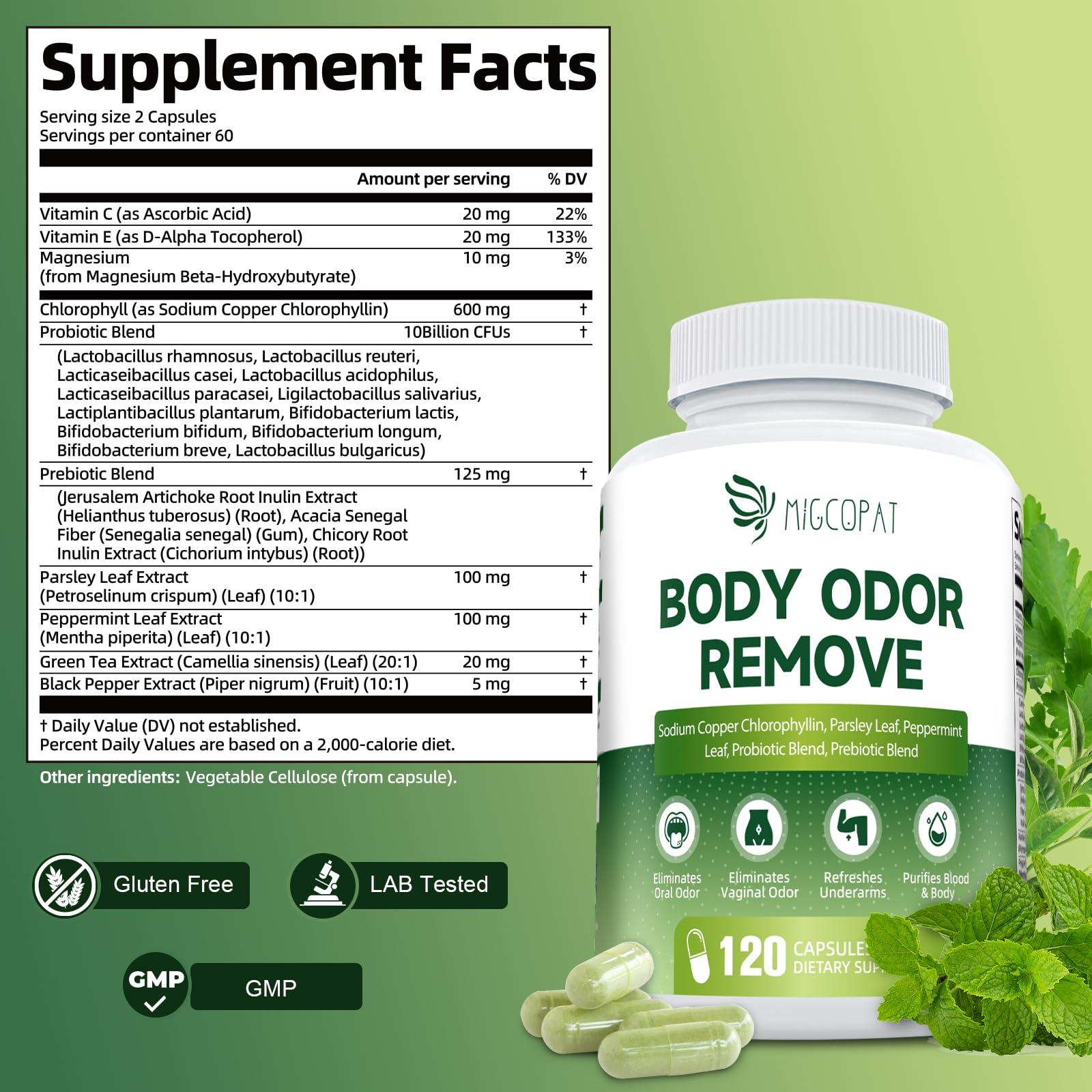 Close-up of Migcopat chlorophyll capsules for easy daily use.