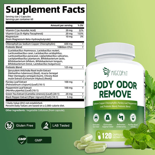 Close-up of Migcopat chlorophyll capsules for easy daily use.