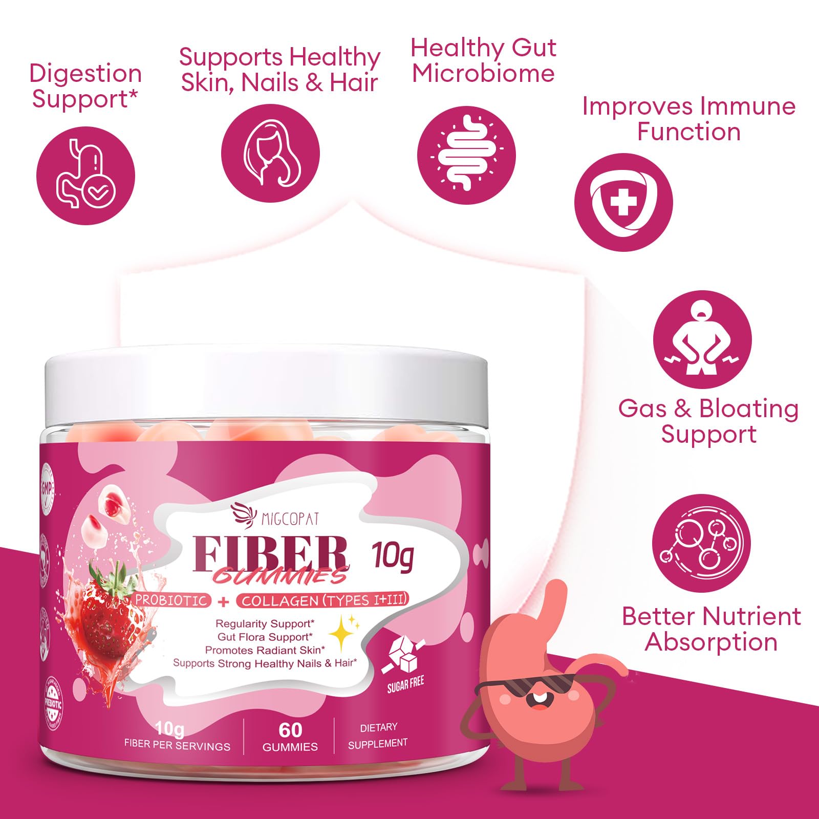 Close-up of Migcopat gummies texture highlighting easy daily fiber support.