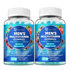 Migcopat men's multivitamin bottle showing daily heart and energy support.