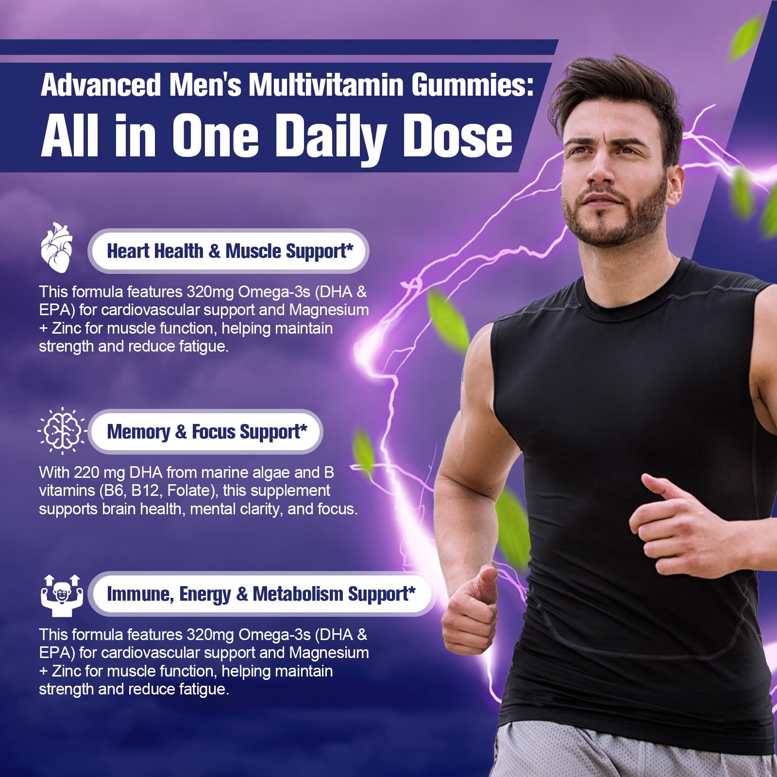 Migcopat men's multivitamin gummies blackberry serving emphasizes natural, sugar-free taste.