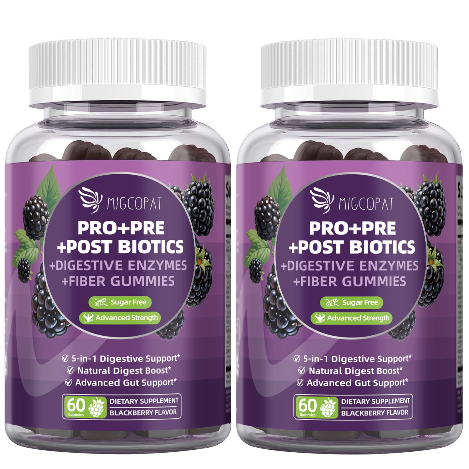 Migcopat Pre Post Probiotics Gummies bottle on kitchen counter for daily digestive support.