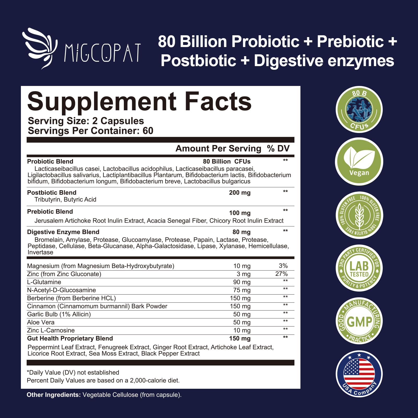 Migcopat Probiotics 80B CFU bottle showcasing high potency formula for gut health.
