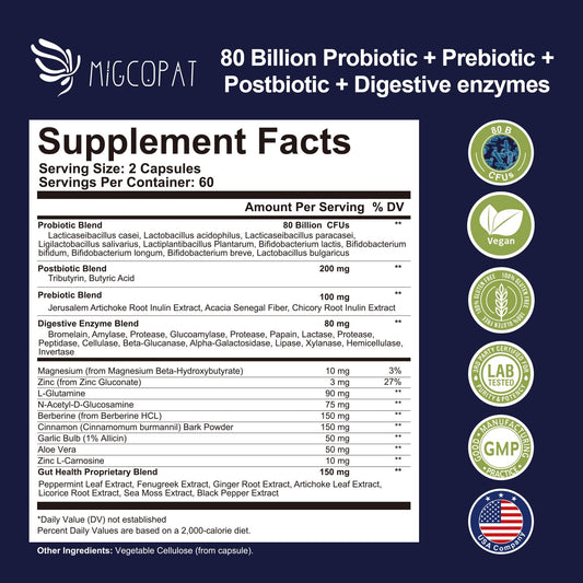 Migcopat Probiotics 80B CFU bottle showcasing high potency formula for gut health.