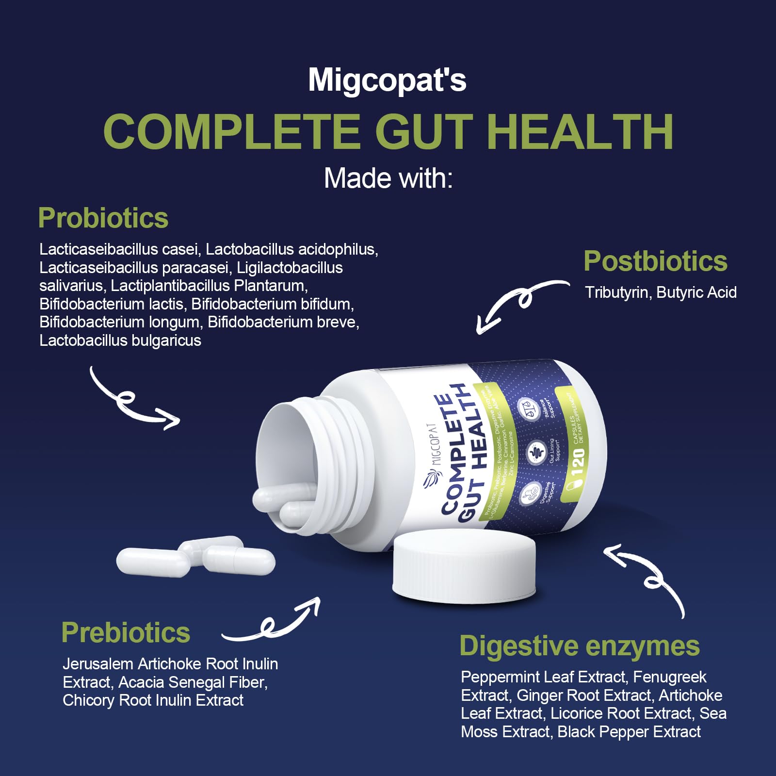 Migcopat Probiotics with berberine and cinnamon shown as a component blend for gut support.