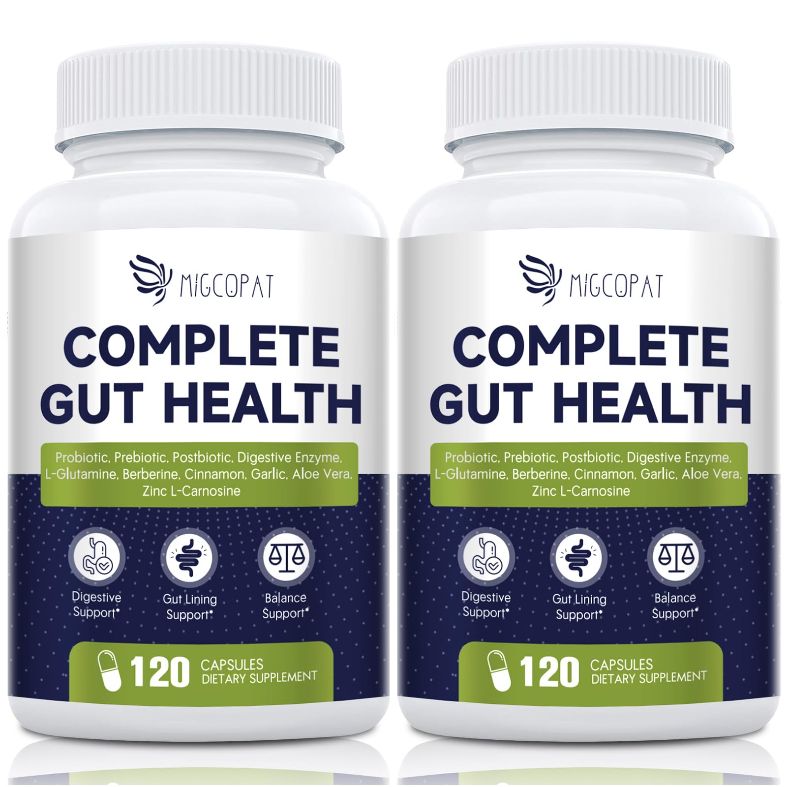Migcopat Probiotics capsules in a bottle, designed for daily digestive balance.