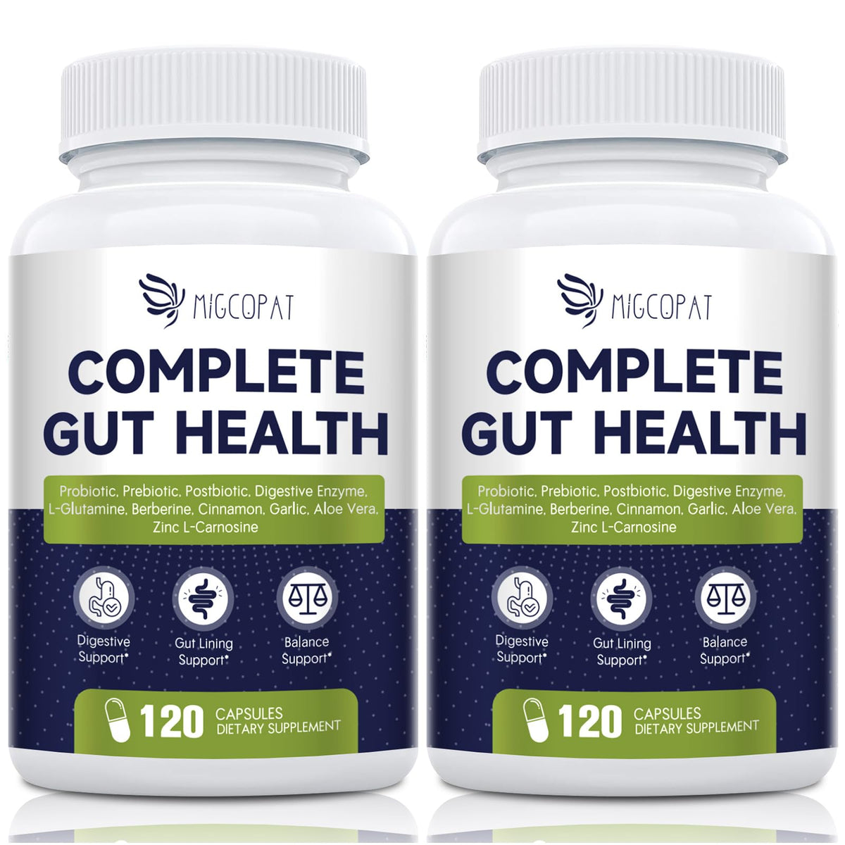 Migcopat Probiotics capsules in a bottle, designed for daily digestive balance.