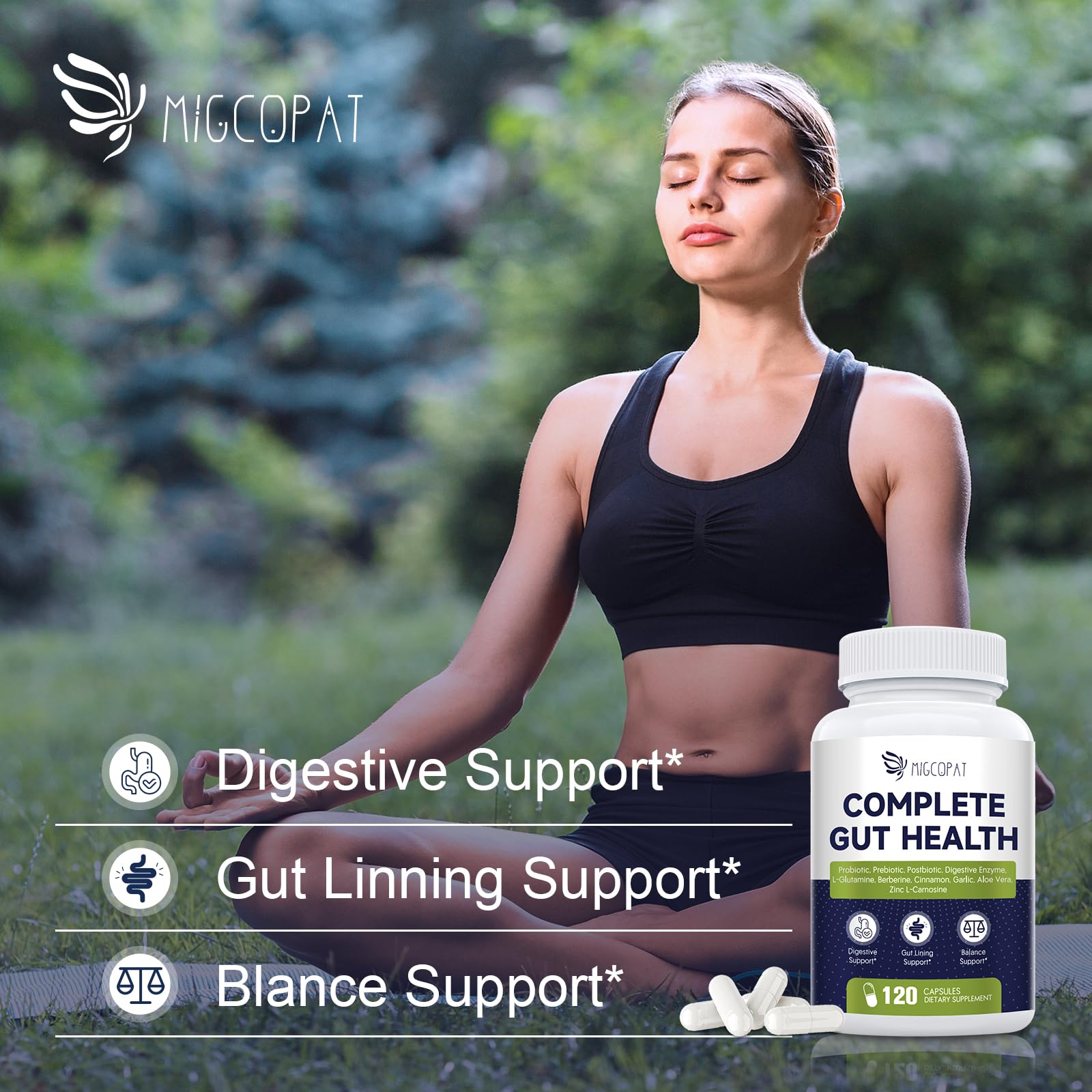 Migcopat Probiotics with prebiotics postbiotics and enzymes, supporting complete digestive wellness.