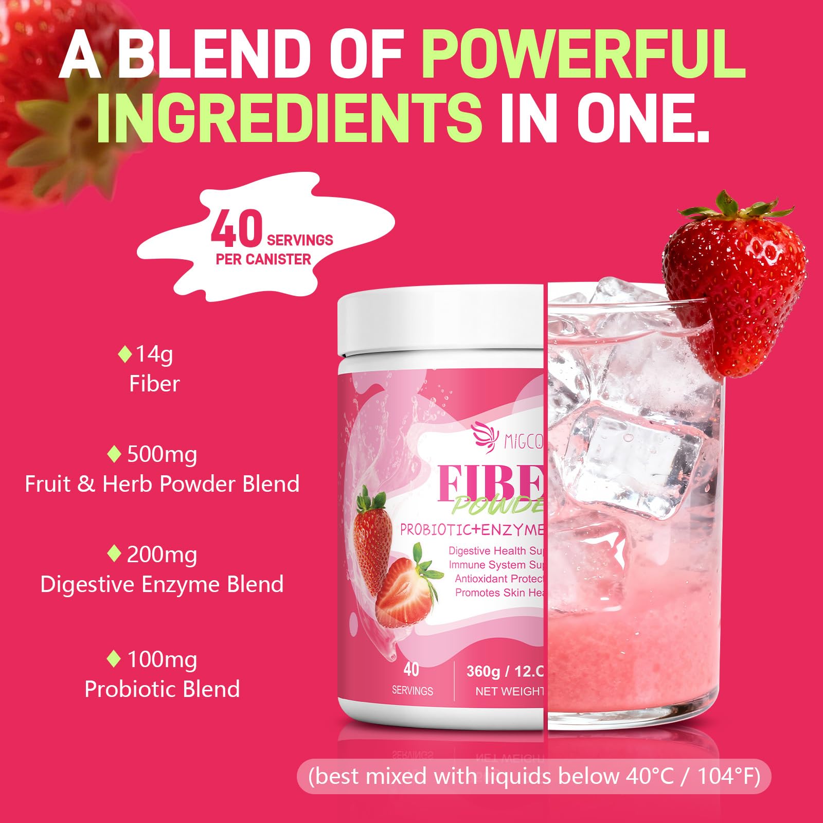 Migcopat strawberry flavor powder mixes into water for a sugar-free beverage.