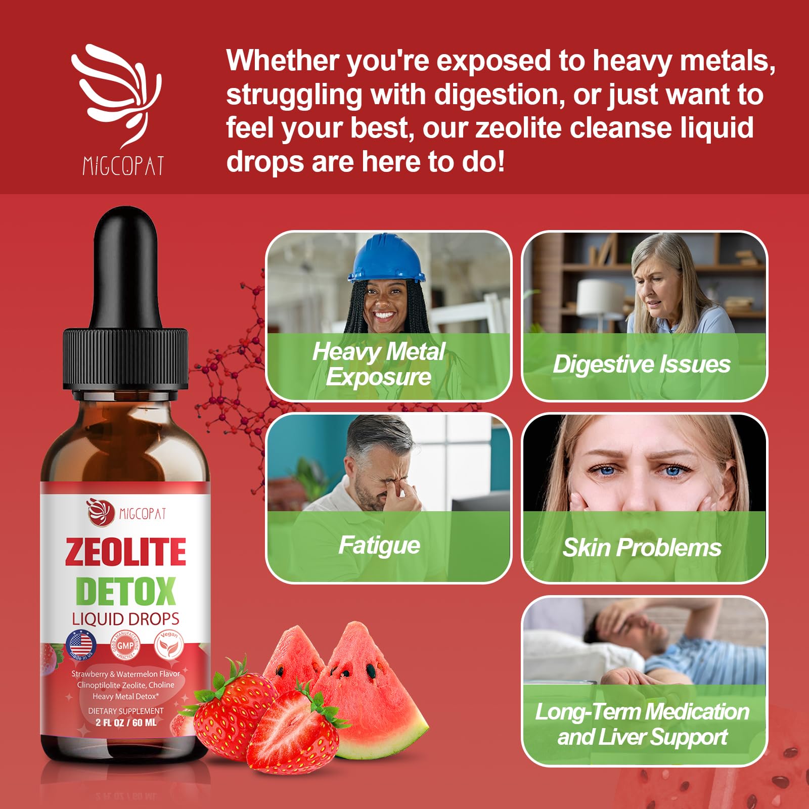 Migcopat Zeolite Detox Liquid Drops ingredients with B12 and D3 listed