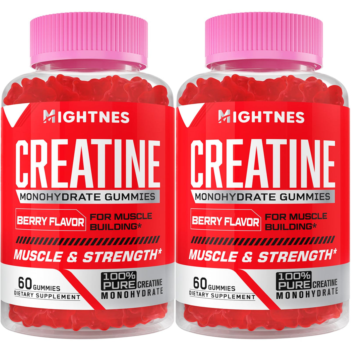 Mightnes Creatine Gummies bottle front for convenient pre workout fuel