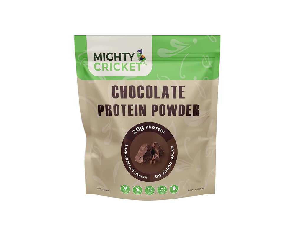 Front view of Mighty Cricket chocolate protein bottle with clean keto and paleo label