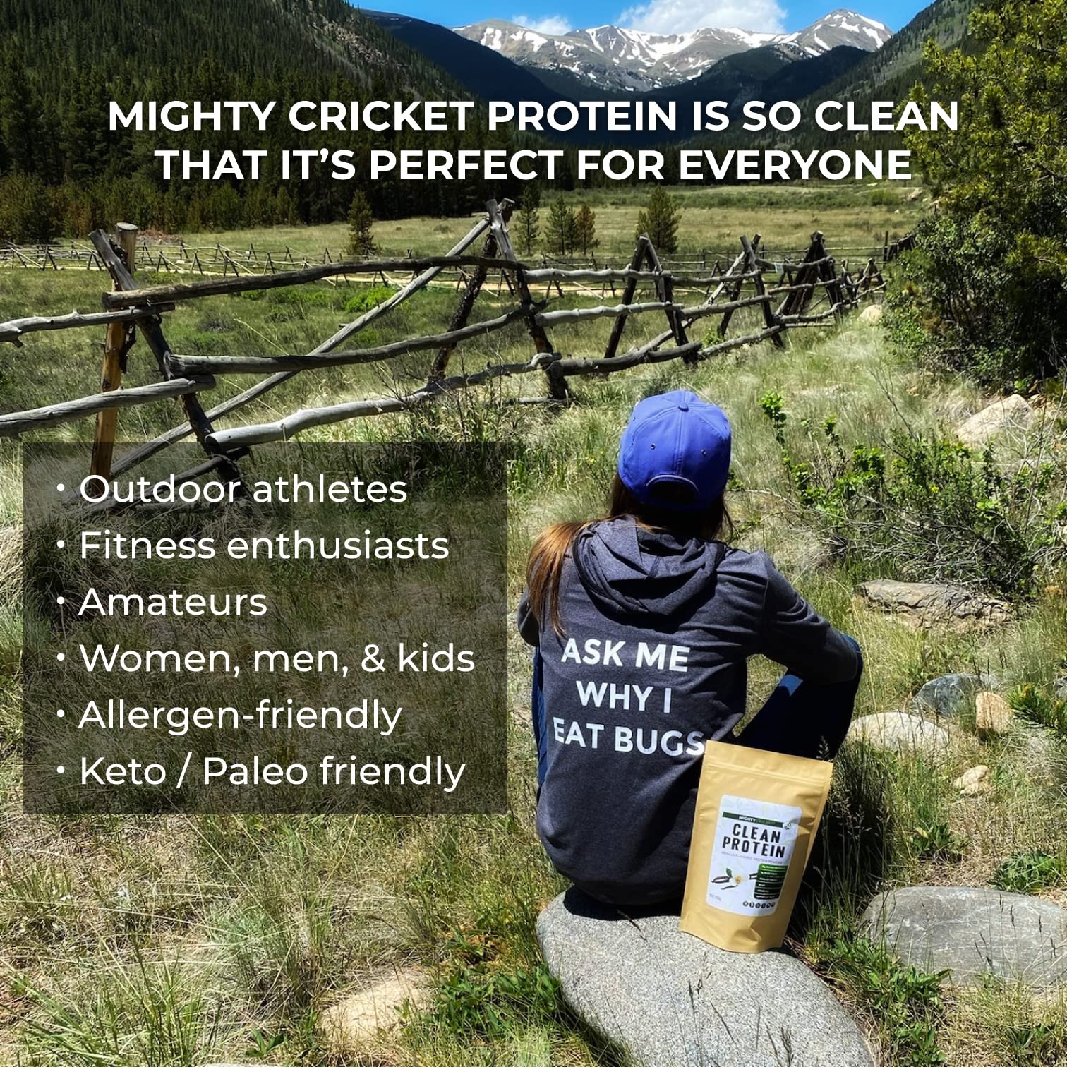 Packaging bottle of Mighty Cricket Protein Powder ready for on-the-go use