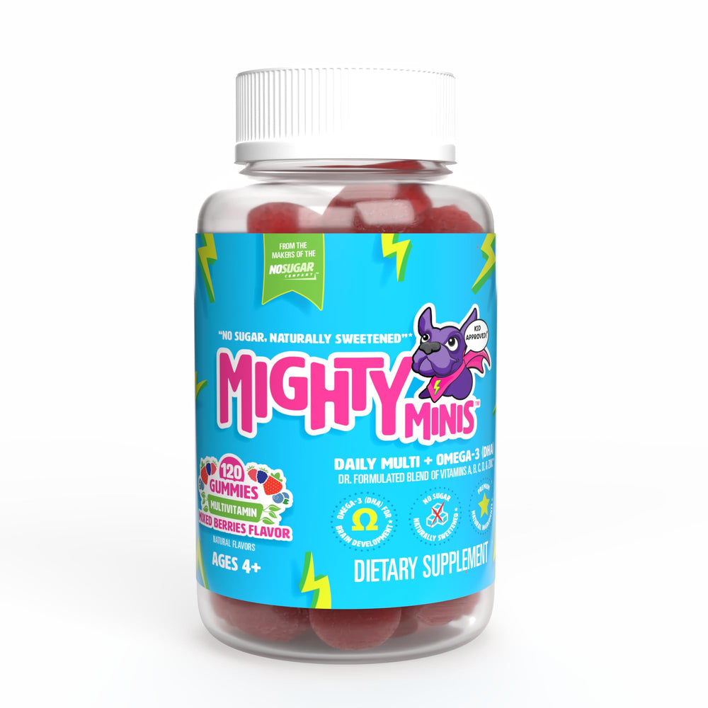 Mighty Minis slow-crafted gummies bottle showcases clean daily nutrition for kids.