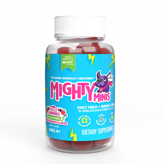 Mighty Minis slow-crafted gummies bottle showcases clean daily nutrition for kids.