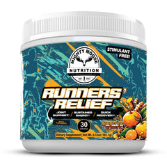 Mighty Moose Runners' Relief bottle with Tangerine Turmeric for joint support and recovery.