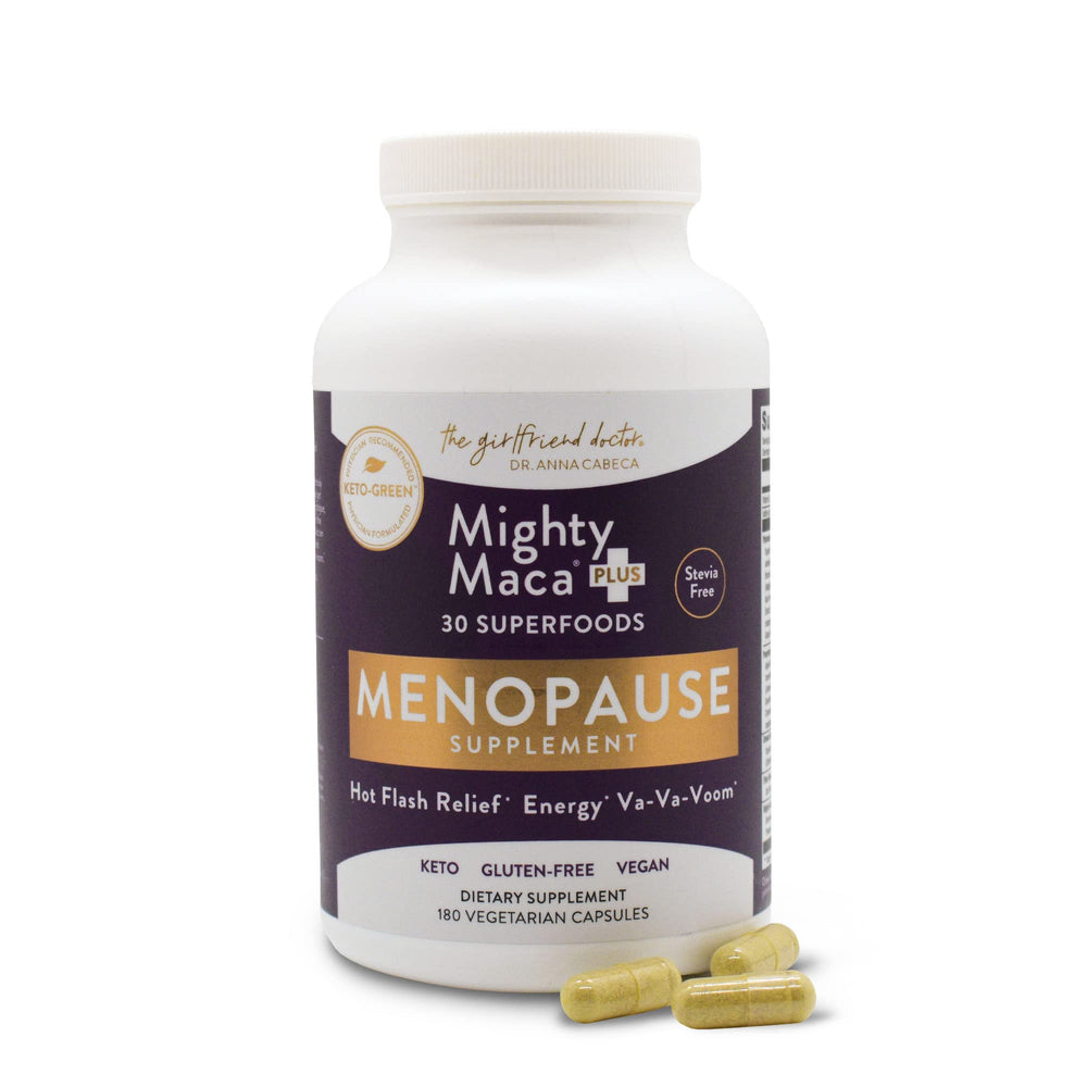 Mighty Maca menopause bottle with capsules offers non-hormonal daily support.