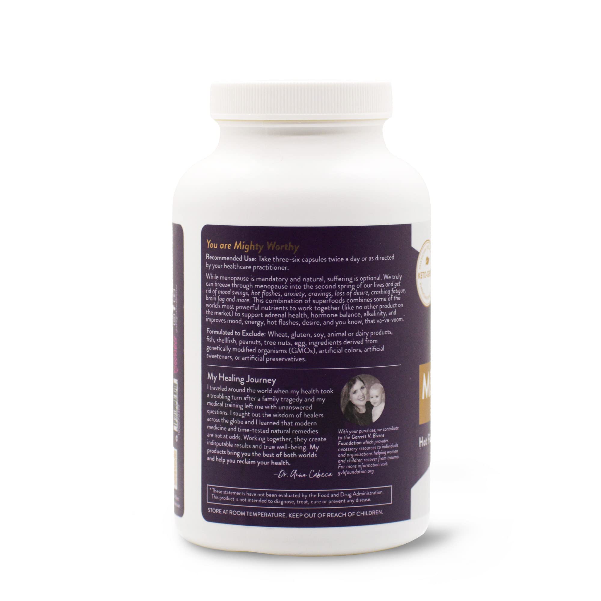 Mighty Maca menopause capsules close-up highlighting plant-based formula for mood and energy.