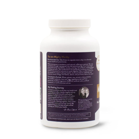 Mighty Maca menopause capsules close-up highlighting plant-based formula for mood and energy.