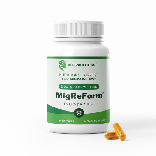MigReForm bottle close-up showing daily migraine wellness support